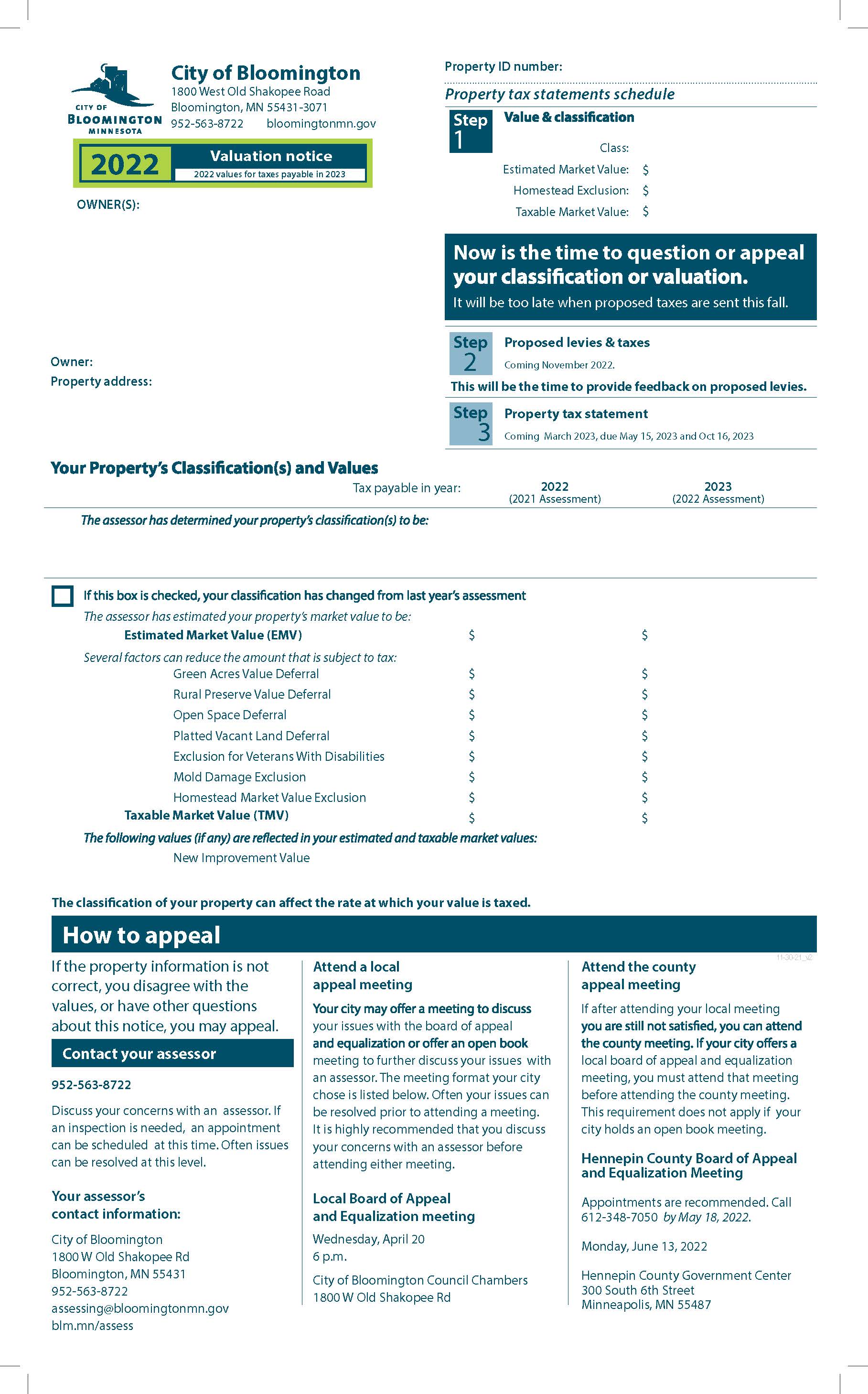 Notice of Valuation City of Bloomington MN